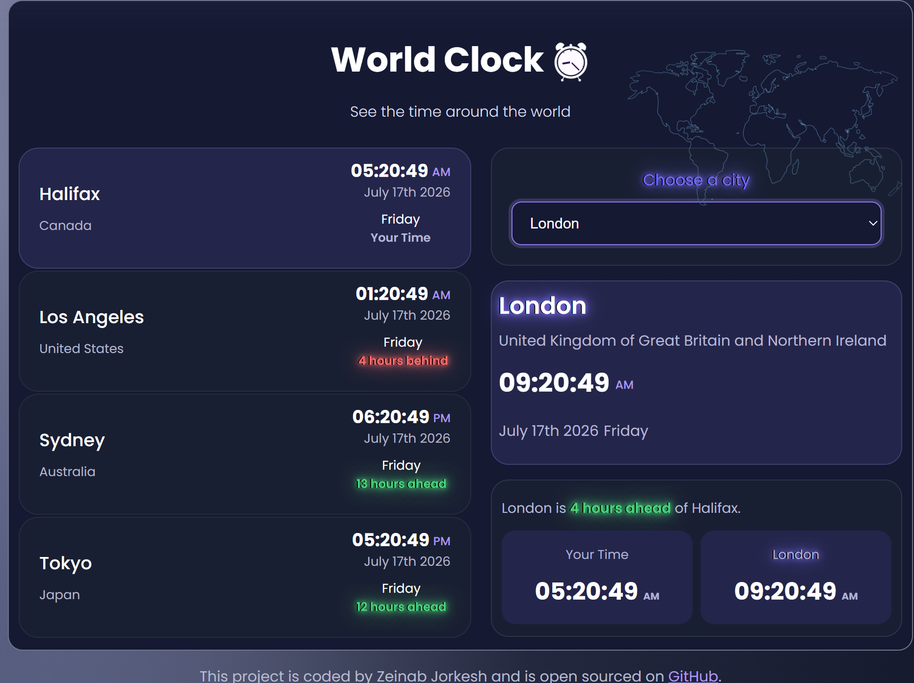 World clock application showing time in different cities